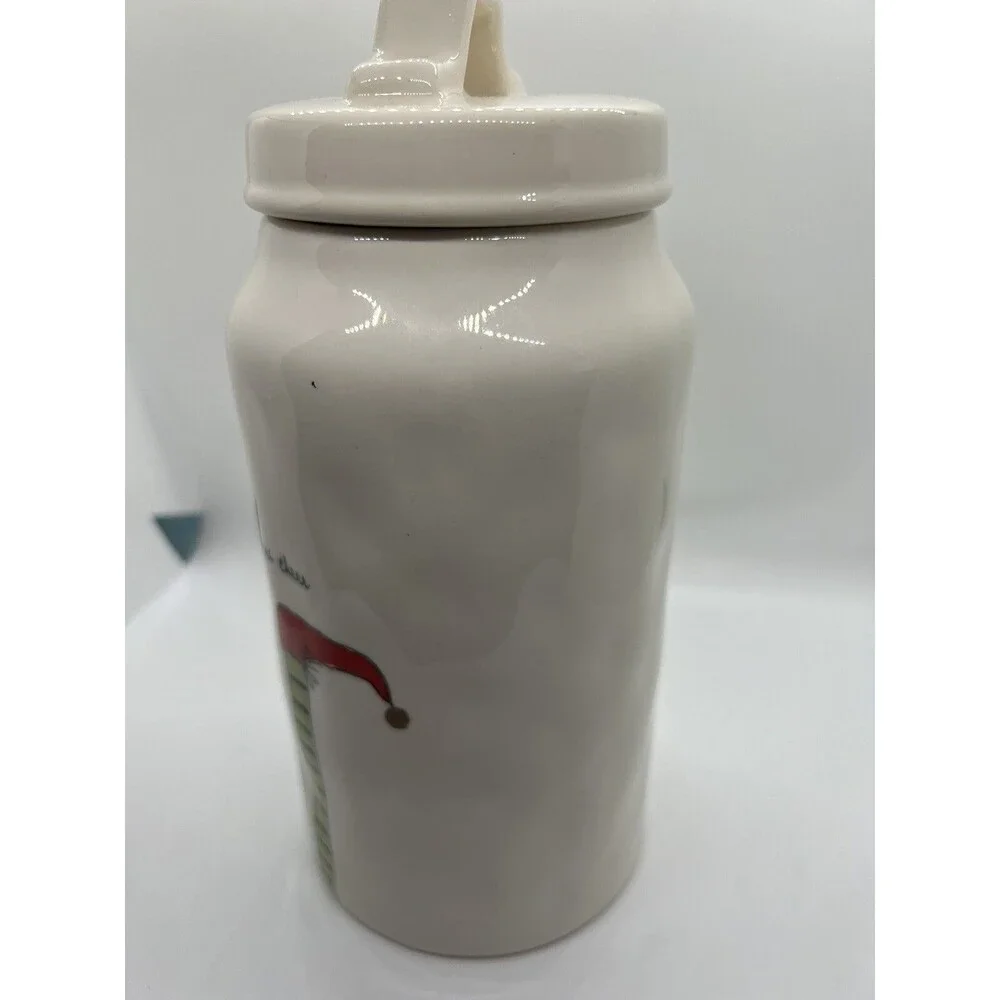 elf RAE DUNN ELf FEET CHRISTMAS CHEER TALL CERAMIC CANISTER cream red  elves